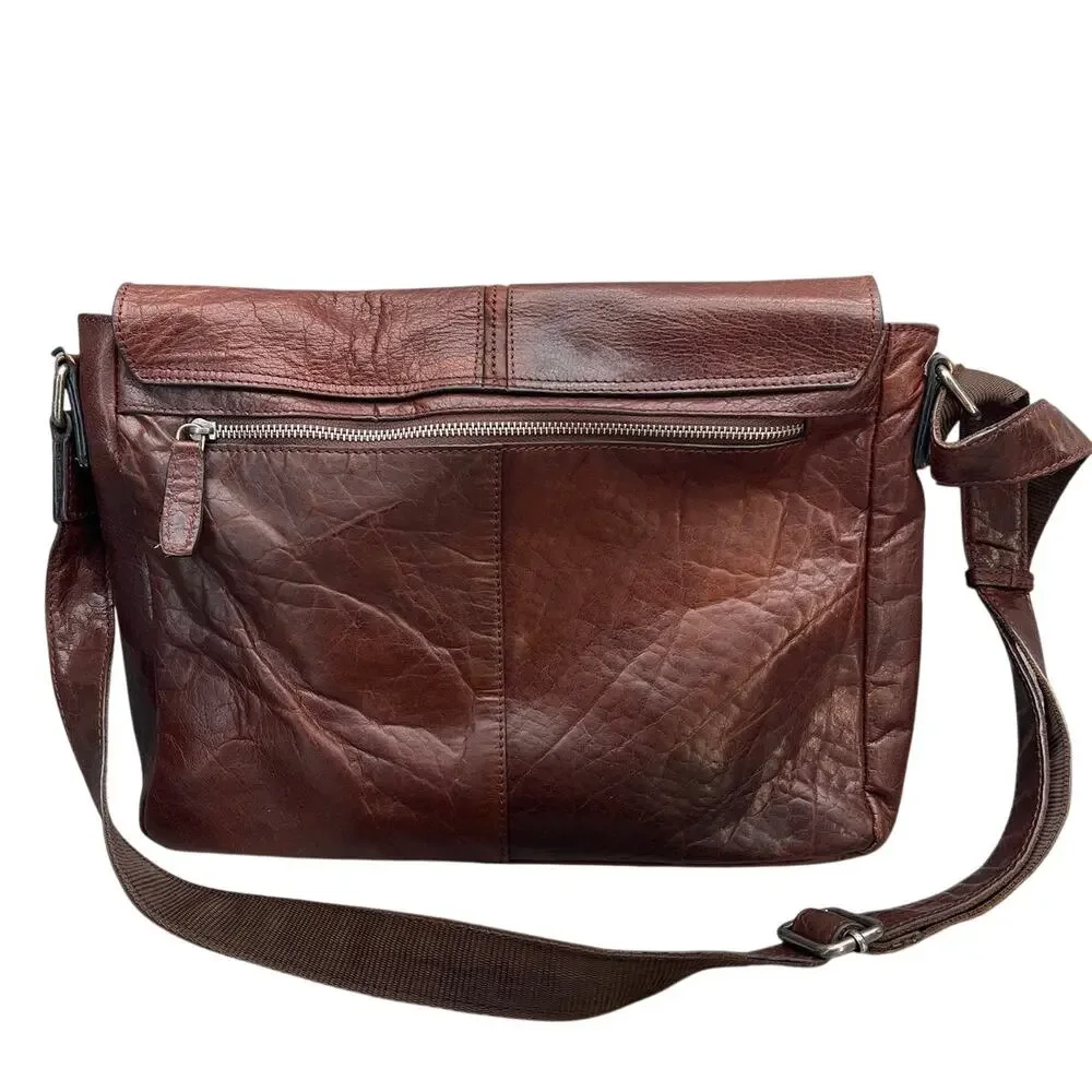 Vintage Dark Brown Patina Leather Front Flap Laptop Messenger Bag